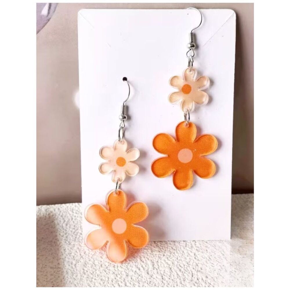 Orange Daisy Acrylic Earrings Get Ready for Spring and Summer Playful Florals - Picture 2 of 3